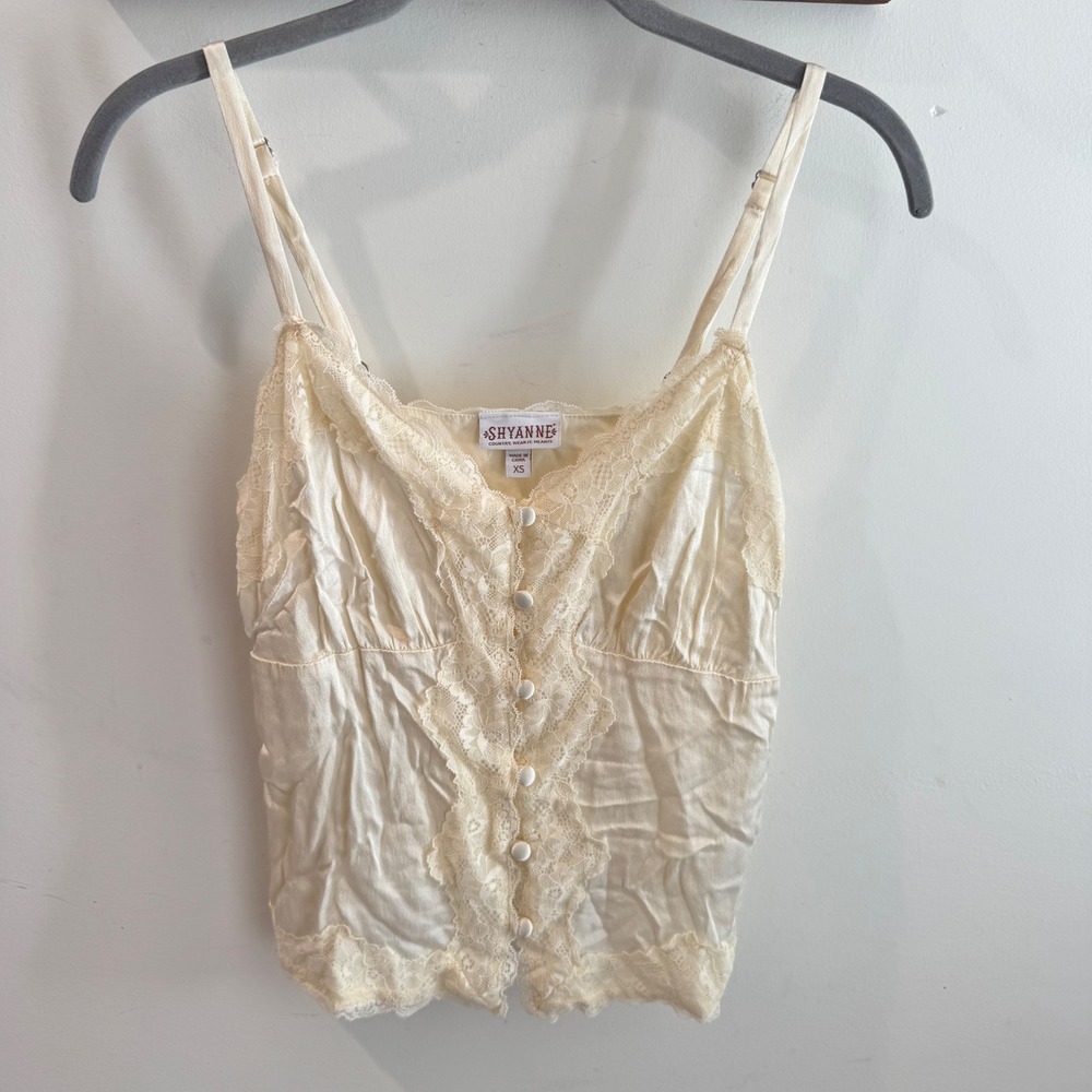 Shyanne Lace Trim Button Front Camisole Top Cream XS Viscose Boho Sleeveless